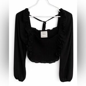 Style Rack Black Ruffle Smocked Long-Sleeve Crop Top. Small